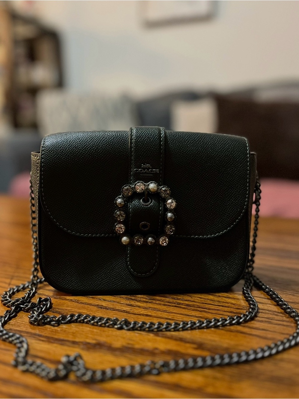 Coach Gemma: Dark Green Leather, Jeweled Buckle, Mini Crossbody